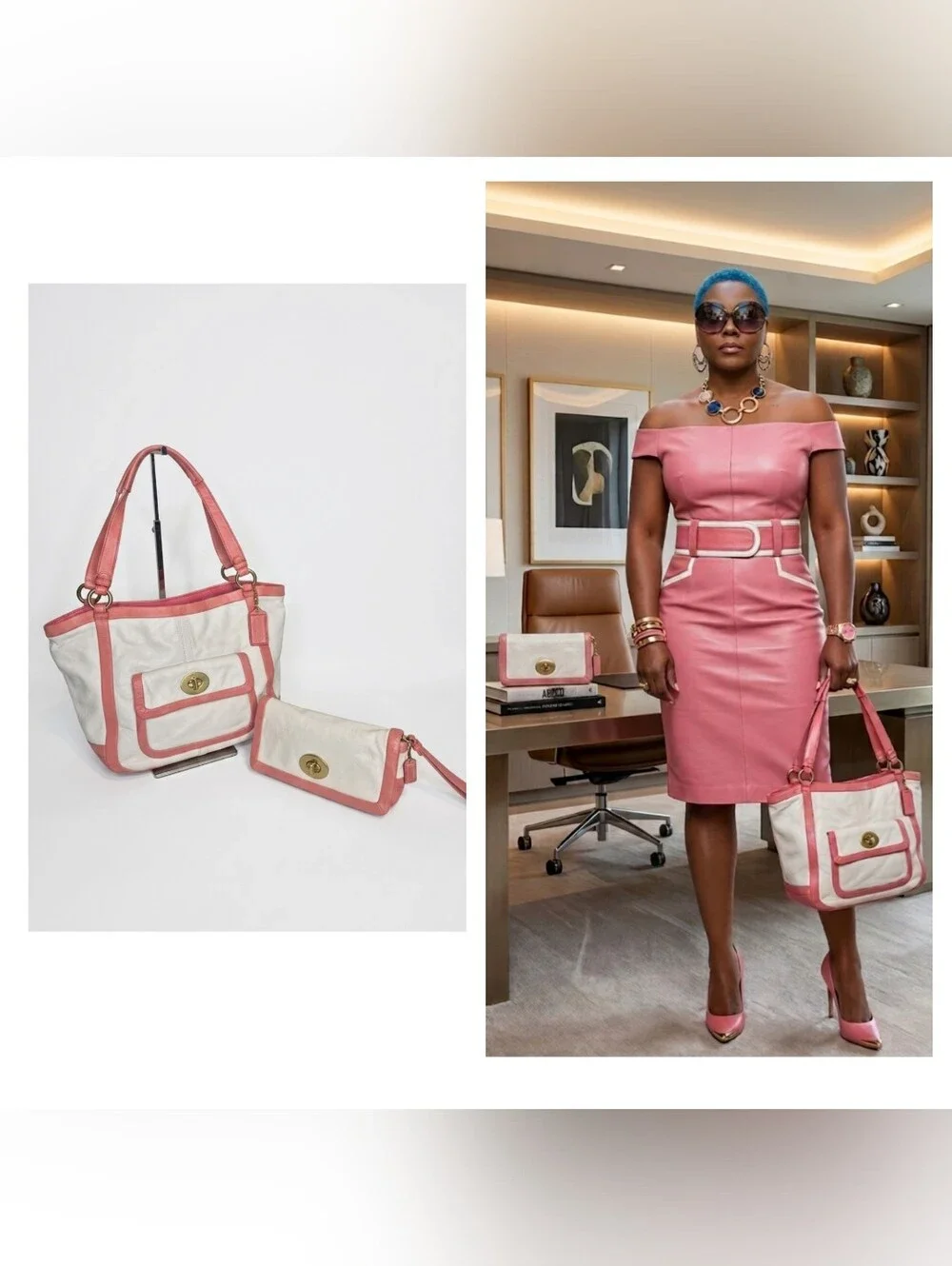 Coach Pink & White Two-Tone Leather Handbag Set EUC